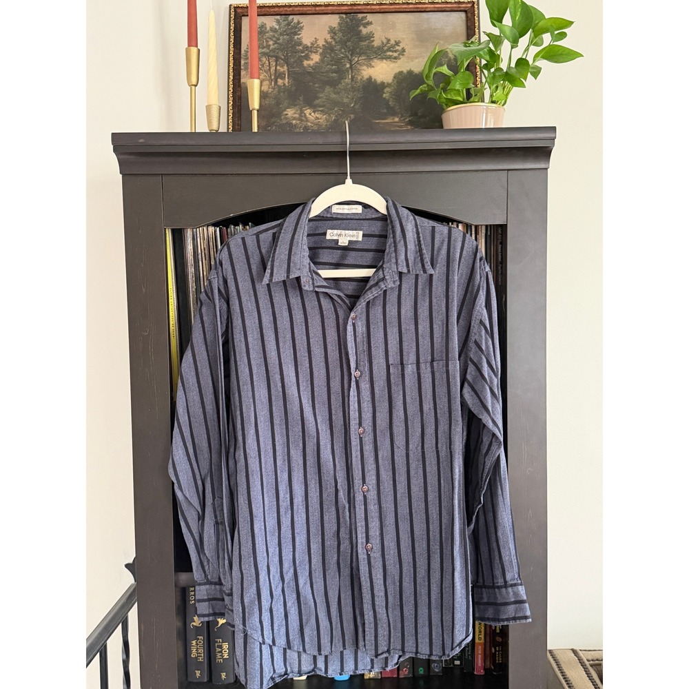 Calvin Klein Striped Button Down Shirt Large Blue Black Long Sleeve Cotton